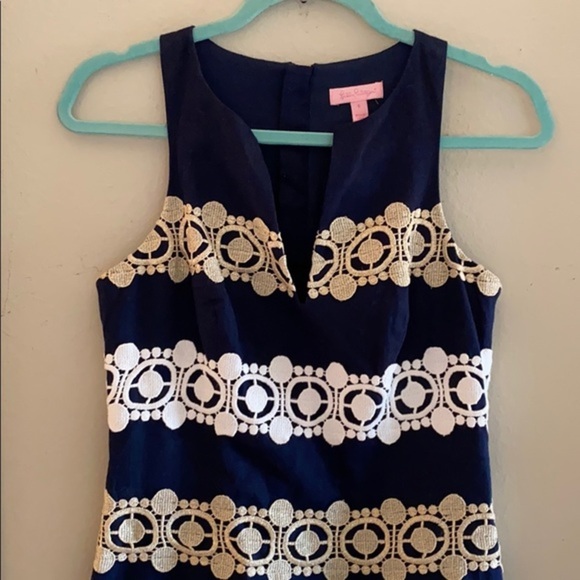 Lilly Pulitzer Navy & Gold Embroidered Lace Shift Dress Size 0 Excellent Cond. - Picture 13 of 16